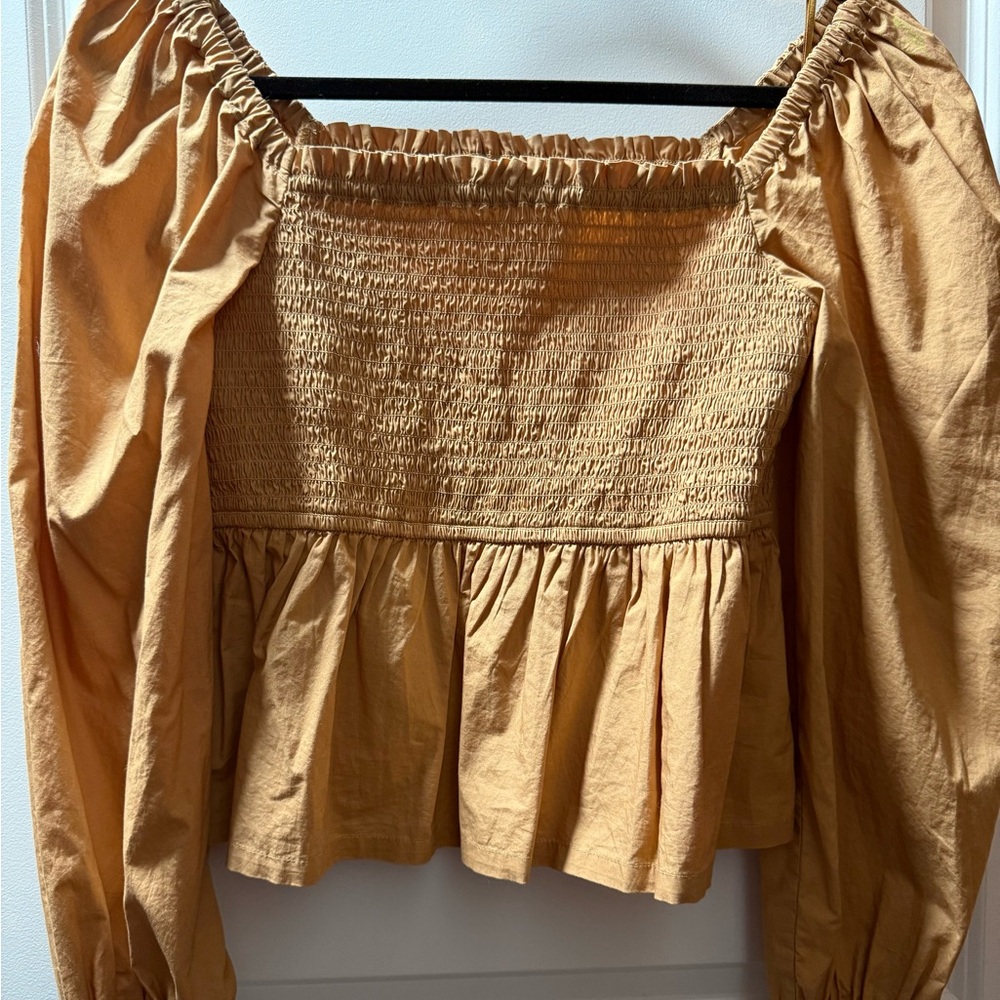 J. Crew Gold Puff Sleeve Smocked Blouse